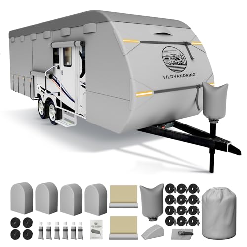 Heavy Duty Travel Trailer RV Cover 33-35ft Rv Trailer Cover 8 Layers Breathable Waterproof Rip-Stop Camper Cover with Adhesive Repair Patches Gutter Tire & Additional Straps