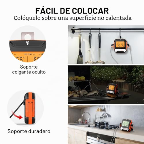 Miniatura 7 de Thermopro Tp904 Termómetro Digital Para Carne, 135m Control Remoto Bluetooth Termómetro De Cocina Recargable Con Aplicación Inteligente, Sondas De Temperatura Duales Aptas Para Alimentos Para Horno