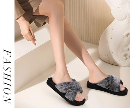 Image of COFACE Womens Fuzzy Slides Fluff Faux Fur Cross Slippers Open Toe Yoga Mat House Slipper Sandals With Arch Support For Indoor /Outdoor