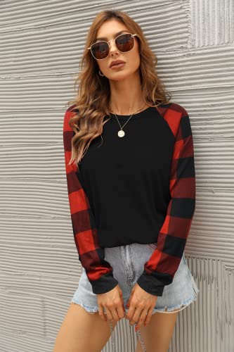 Aifer Womens Buffalo Plaid Shirts Round Neck Pattern Raglan Pullover Casual Long Sleeve Tops #TOP3