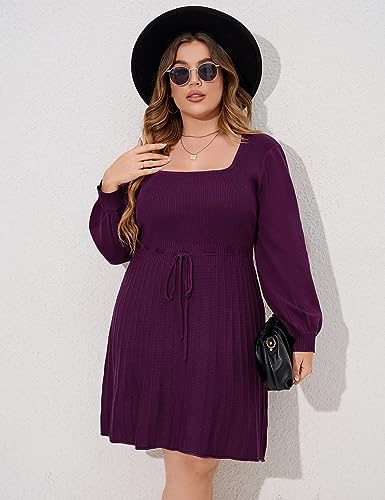 Image of Women's Plus Size Casual Sweater Dress Square Neck Long Lantern Sleeve Tie Waist Loose Pullover Sweater Dresses