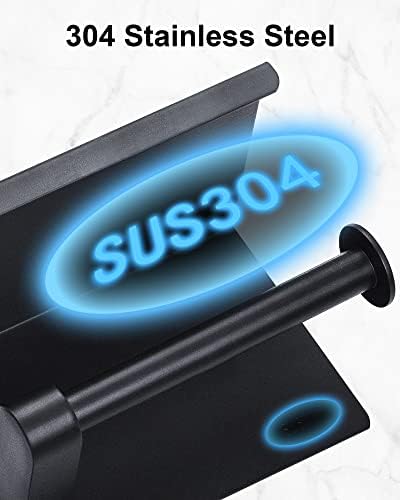 Magichome Black Toilet Roll Holder, Stainless Steel Wall Mounted Toilet Roll Holder with Shelf for Bathroom, Two Installations - Self-Adhesive or Wall-Mounted Toilet Paper Holder