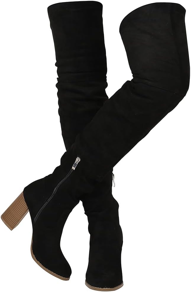Lovee Cosee Women’s Knee High Faux Suede Boots Pointed Toe Chunky Block High Heel Stretch Winter Thigh High Boots