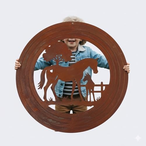 Edelrost Windspiel Pferd mit Fohlen XL – 3D Windspiel aus Metall –...