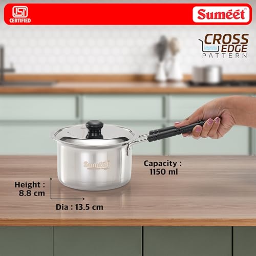 Image of Sumeet ISI Certified HeavyPly Premium Stainless Steel Cross Edge Induction & Gas Stove Friendly Saucepan /Milk Pan /Tea Maker with Lid - 1150ml