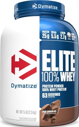 Image of Dymatize Elite 100% Whey Protein Powder, 25g Protein, 5.5g BCAAs & 2.7 L-Leucine, Quick Absorbing & Fast Digesting for Optimal Muscle Recovery, Rich Chocolate, 5 Pound (63 Servings)