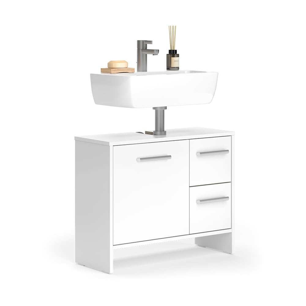 Vicco Mobile sottolavabo per bagno Karli, Bianco, 70.2 x 57 cm con 2 cassetti e 1 anta, adatto per il montaggio sotto lavabi standard