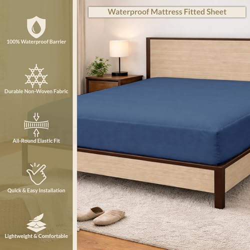 Image of 100% Waterproof Mattress Protector Queen Size Bed 60x75 Inch, Non Woven Fabric Fitted Mattress Cover with Elastic, Waterproof Bed Protector, Hypoallergenic, 10 Inch Deep Pocket - Navy Blue