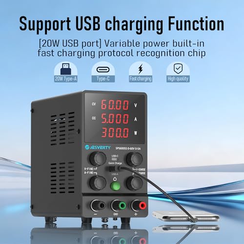 Image of DC Power Supply Variable, 0-60V 0-5A Adjustable Switching DC Regulated Bench Power Supply with 20W USB & Type-C Quick-Charge, Encoder Knob, Reverse Polarity Protection - SPS-6005S