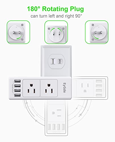 2 Prong Power Strip with Rotating Plug, EyGde Multi Plug Outlet Extender, Multiple Outlet Splitter(3 Sided 6 Sockets) and 4 USB Ports, Wall Adapter Surge Protector (1700J) for Travel, Office, White