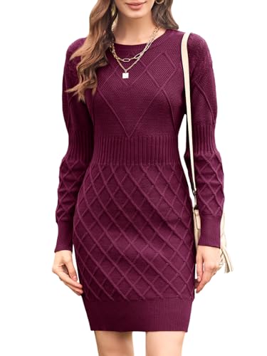 Dyexces Womens Sweater Dress Long Sleeve Crewneck Diamond Knit Sweater Dresses Sexy Slim Fit Pullover Dress
