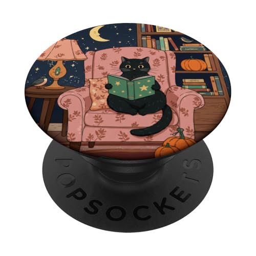 Gato negro leyendo un libro en un acogedor entorno otoñal PopSockets PopGrip Adhesivo
