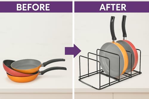 Image of Kitchen Pan Organizer Rack, 6 Slots, Black Iron, Countertop Mounting, 17.78 x 22.86 x 21.59 cm