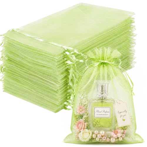 Image of FUNFERY 100PCS Apple Green Organza Gift Bags 4x6in,Drawstring Jewelry Pouch