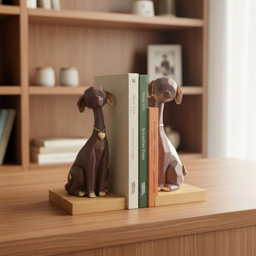 Image of eCraftIndia Wooden Book End and Set of 2 Cute Dog Statues Animal Figurines Decorative Showpieces for Home Decor in Living Room Office