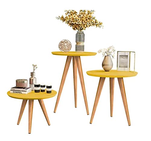Kit Mesa Apoio/Lateral e Centro Retrô Classic com 3 Pernas Decoração - Amarelo