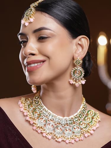 Image of Rubans Necklace Maangtikka Set Gold Plated Kundan & Pearl Jewellery Gift for Women & Girls