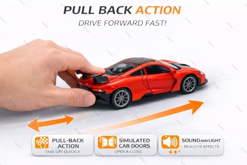 Image of Mini McLaren Senna Toy Car Model 1:36 Scale Die-cast Metal Pull Back Vehicle with Openable Doors, Lights & Music, Sports Model for Kids, Boys & Collectors (Orange)