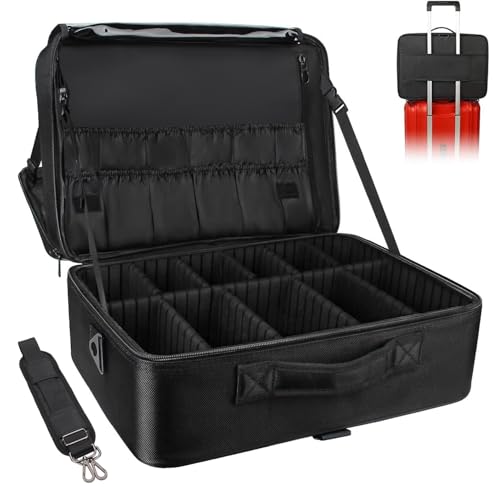 Image of Relavel Extra Large Makeup Case, Makeup Artist Set Bag Professional Cosmetic Organizer Bag Storage Box with Makeup Brush Holder, Adjustable Dividers and Shoulder Strap, Black