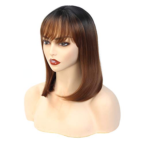 EastHair Short Straight Hair Bob Wig Ombre Brown Wig 13'' with Bang Nature Synthetic Wig Straight Hair for Women (R1B/30)