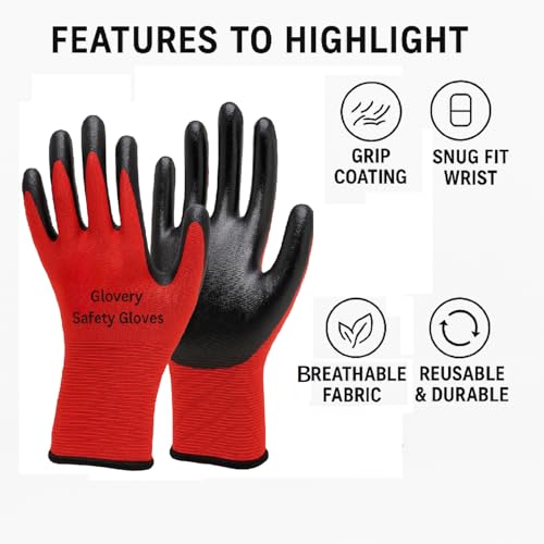 Image of Nylon Safety Work Gloves with Nitrile Coating - Industrial-Grade Protection for Cleaning, Warehouse, Mechanics, Construction - Durable, Flexible, Non-Slip Grip (Red & Black, 20 Pair)