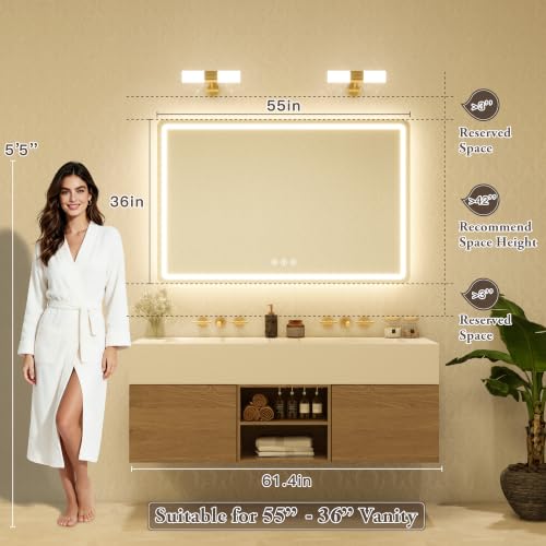 Image of 55 inch x 36 inch Led Bathroom Mirror with Lights, Anti-Fog & Tri-Color Lighting - Wall Mounted Shaving Mirror with Touch Sensor, Waterproof & Smart LED Vanity Mirror,Tempered Glass, Dimmable Smart Mirror