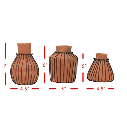 Foreside Home And Garden Set Of 3 Natural Terracotta And Wire Decorative Bud Vases, Tan, Black #TOP6
