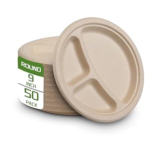 3 Compartment Paper Plates Heavy Duty, Compostable Disposable Divided Plates 9 Inch- (BPA Certified) Biodegradable Sectional Dinner Plates Quality Bagasse Brown [50-Pack]