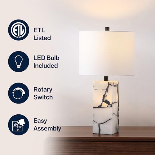 JONATHAN Y 24.25" Black/White Modern Alabaster LED Table Lamp for Home Decor, White Linen Shade, Coastal Nightstand Lamp with Built-in Base Accent Light (JYL8507A) by JONATHAN Y - Image 4