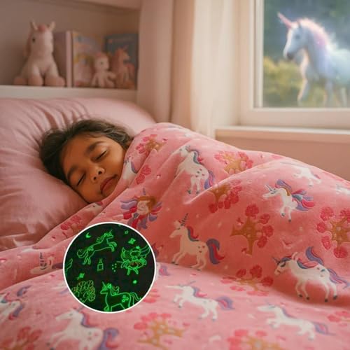Image of DOCAT Glow Blanket for Kids 0-15 Years, 200x152 cm Double Bed Blanket for Girls Boys, Soft Cozy Flannel Fleece Throw Blankets for Winter, Radium Blanket Ideal Gift for Boys & Girls (Pink Unicorn)