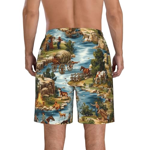 Men's Quick Dry Swim Shorts Cowboys Western Old West Landscape Horses Vintage Beach Trunks with Pockets2
