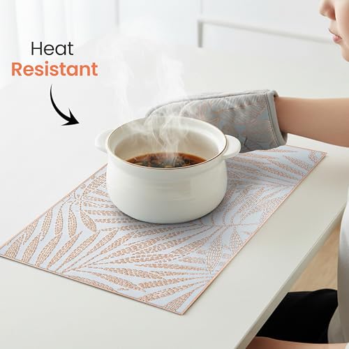 Image of Yellow Weaves 6 Pcs PVC Table Placemats, Dining Table Mat, Stain Resistant, Anti-Skid, Waterproof, Washable, Dining, Kitchen, Restaurant Table Set Easy to Clean, Durable (Fern Leaf Rose Gold)