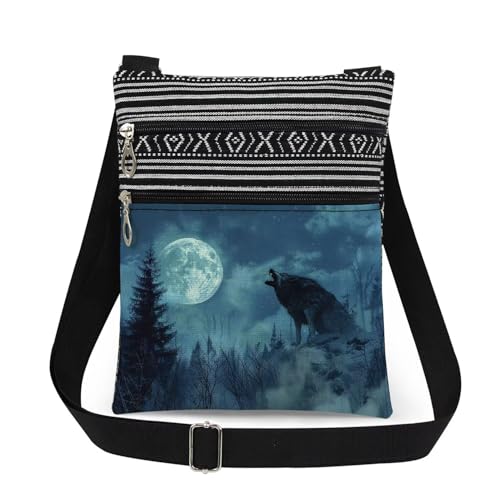 Wolf Art Print Crossbody Bag Moon Wolf Print Messenger Bag Adult Teens Halloween Thanksgiving Christmas Gift Adjustable Shoulder Strap Birthday Christmas Crossbody Purse