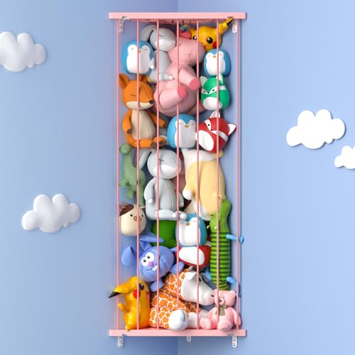 Image of Stuffed Animal Storage Shelf Organizer(Patented) - Corner Stuffed Animal Holder Length Adjustable - Wall Plush Storage for Nursery Playroom Bedroom Kids Room (Pink, Standard)