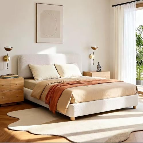 BERRY NEST Full Size Cloud Bed Frame, Upholstered Boucle Bed Frame with Adjustable Headboard, Solid Wood Legs, Rounded Corners Design & Easy Assembly – Modern Platform Bed,Cream