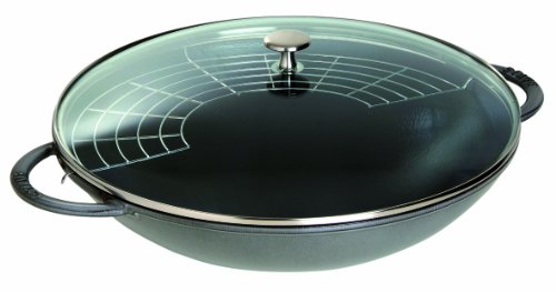 Wok gris de hierro fundido 37 cm con tapa de vidrio