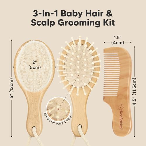 Image of Wooden Baby Hair Brush Set for Newborns, Toddler Comb (Walnut, Petite) | Soft Goat Bristle, Baby Brush and Comb Set, Infant Grooming Kit, Cradle Cap Care, Durable & Gentle, Boy, Girl Bath Essential