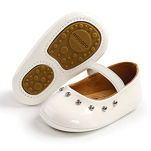 E-FAK Baby Girls Sparkly Mary Jane Flats with Bowknot Non-Slip Soft Rubber Sole Toddler First Walkers Princess Dress Shoes(B/White, 0-6Months)