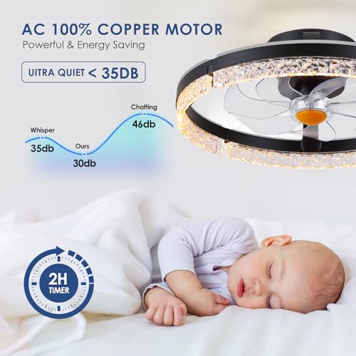 Image of Mpayel 20 inch Low Profile Ceiling Fan with RGB Light - Modern Bladeless Flush Mount Ceiling Fan with Remote, Quiet DC Motor, 6 Speeds, 3CCT Dimmable LED Light for Kids Room, Bedroom & Bunk Beds