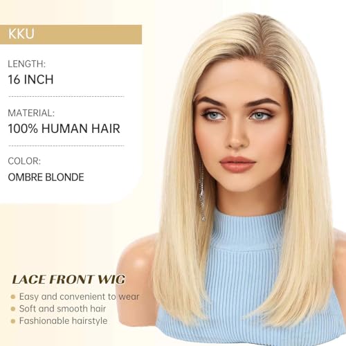 Image of KKU 100% Human Hair Wig, Lace Front Wigs Human Hair Side Part,Ombre Blonde Wig Human Hair, Real Human Hair Wigs for Women(16Inch)