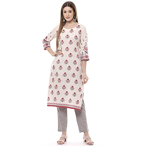 Image of Rangriti Off White Poly Cotton Straight Kurta for Women