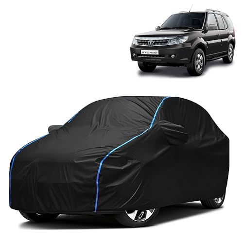 Image of Kerwa Car Body Cover Waterproof with Tata Safari Storme, Dust & UV Resistant All-Weather Proof Full Body Cover, Black with Blue Lining, Triple Stitch Elasticated Bottom with Mirror Pocket