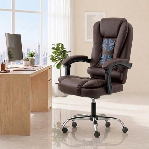 Image of NORMAN JR Italia Premium Leatherette Office Chair for Work | Boss Chair, Ergonomic Executive, Luxurious Cushioned Arms & Seat, 2 Point Back Massager, Heavy Duty Metal Base (Brown)