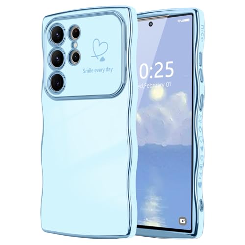 LCHULLE for Samsung Galaxy S23 Ultra Case for Women Girls, Cute Wave Frame Curly Shape with Love Heart Camera Protection Cover Luxury Plating Shockproof Phone Case for Galaxy S23 Ultra 5G, Baby Blue