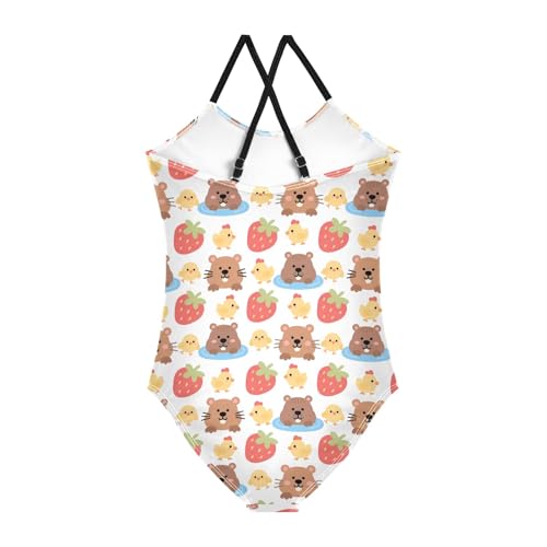 senya Girls Swimsuits One-Piece Swimwear Tie Bathing Suit Beach Summer Round Neck 5-6T Guinea Pig Chicken Pattern2
