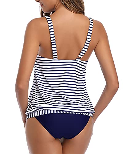 Yonique Blouson Tankini Swimsuits for Women Loose Fit Modest Striped Two Piece Bathing Suits Blue and White XL