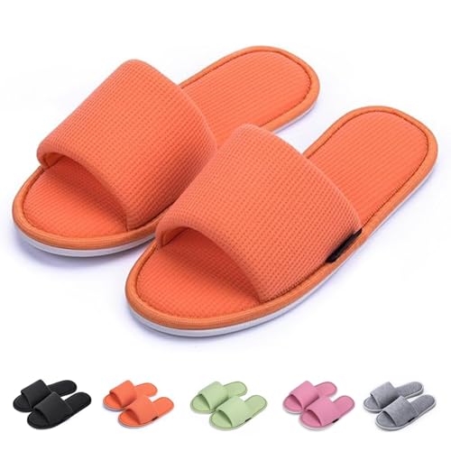 Image of Women's Open Toe House Slippers - Breathable Waffle Fabric, Memory Foam Cushioning, Slip-On Summer Indoor Slippers, Non-Slip TPR Sole, Easy Care