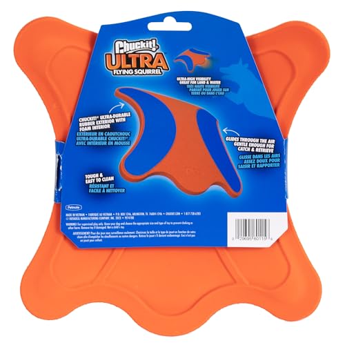 Image of Chuckit! Flying Squirrel Fetch Dog Toy - Water Floating Flyer - Soft and Durable Polyester Canvas Construction - for Medium Dogs - 9.5-inch Diameter - Orange and Blue, Medium (Pack of 12)