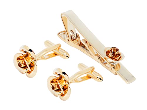 Jonwo Rose Flower Cufflinks and Tie Pin Set Regular Necktie Tie Clip Tie Bar Men Cufflinks for Wedding Business Shirt Tie (14K Gold Plated Cufflinks Tie Pin Set)
