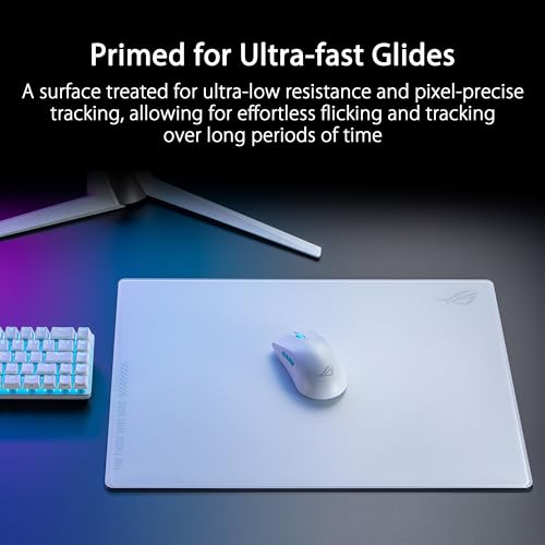 ASUS ROG Moonstone Ace L Glass Gaming Mouse Pad, Ultra-Smooth Surface, Noise-Reducing Design, 9H Tempered Glass, Impact & Scratch Resistant, Anti-Slip Silicone Base, 500 x 400 mm, Moonlight White